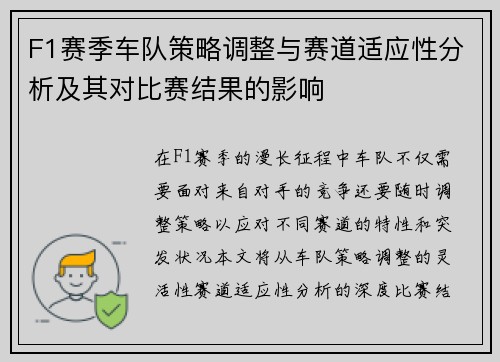F1赛季车队策略调整与赛道适应性分析及其对比赛结果的影响
